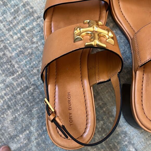 Tory Burch Women's Eleanor Block Heel Leather Sandals Size 9 Brandy Cognac Brown - Picture 5 of 6